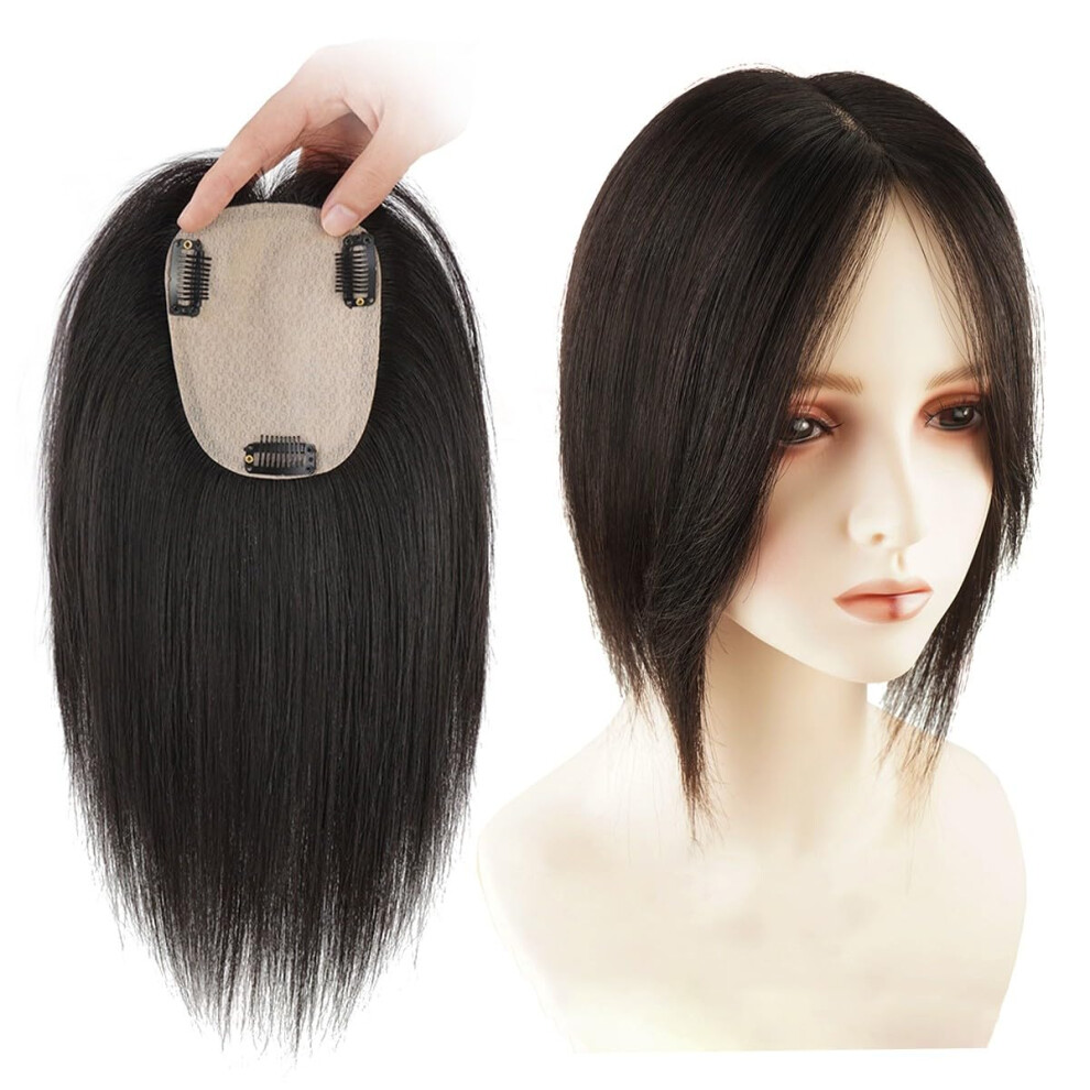 Unisex Black Middle Part Straight Human Hair Topper Silk Base Clipin Wiglet For Thinning Hair Loss 25Cm