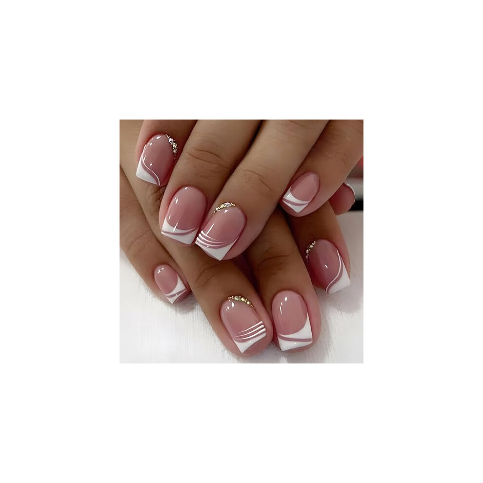 Short Square French Tip Press On Nails with Rhinestones, Reusable Soft Gel Fake Nails for Women, 24pcs