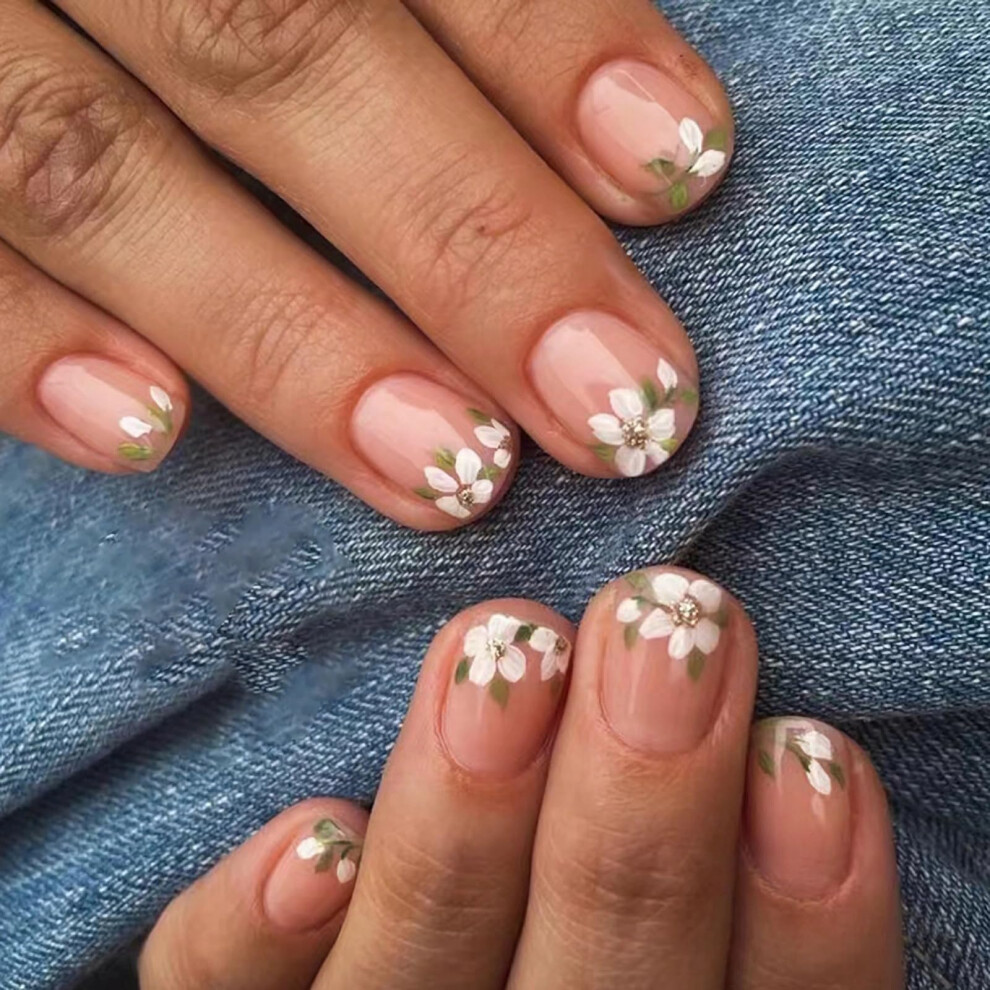 Short Press On Nails with Flower French Tip Design, 24pcs Durable Acrylic Squoval Fake Nails