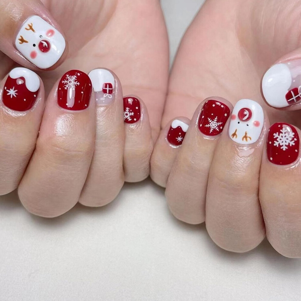 Cream Christmas Press On Nails Short Nude Acrylic Fake Nails Winter Snowflake Glossy Easy Glue 24Pcs
