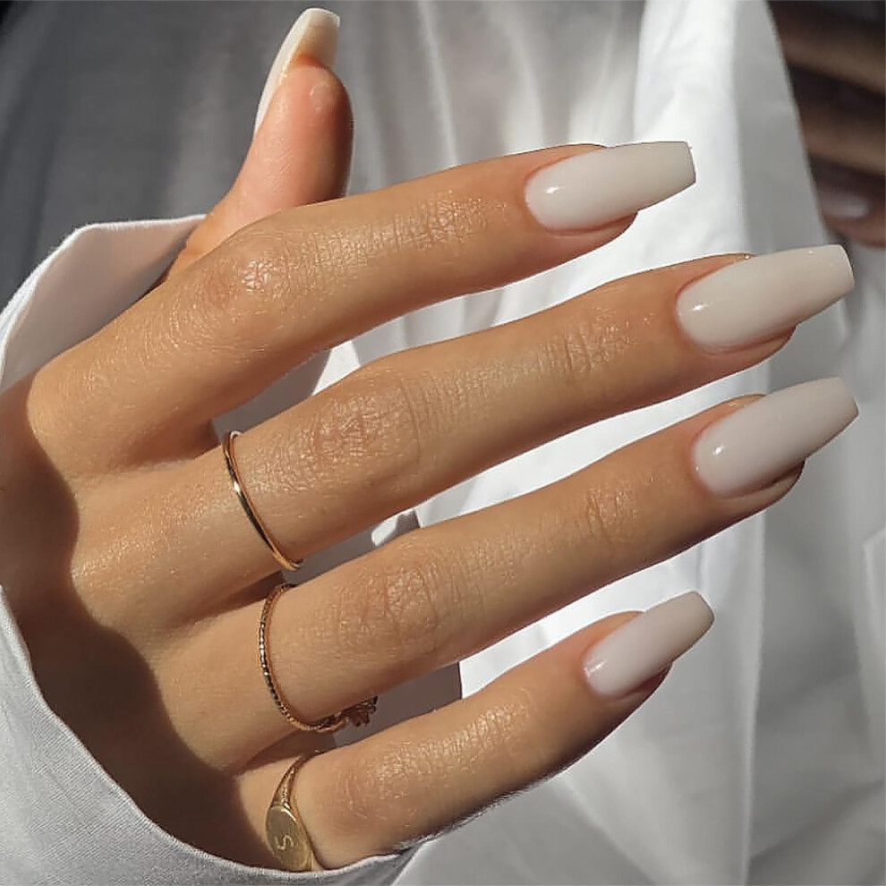 White Long Press On Nails 24Pcs Glossy Acrylic Fake Nails For Women Instant Salon Look