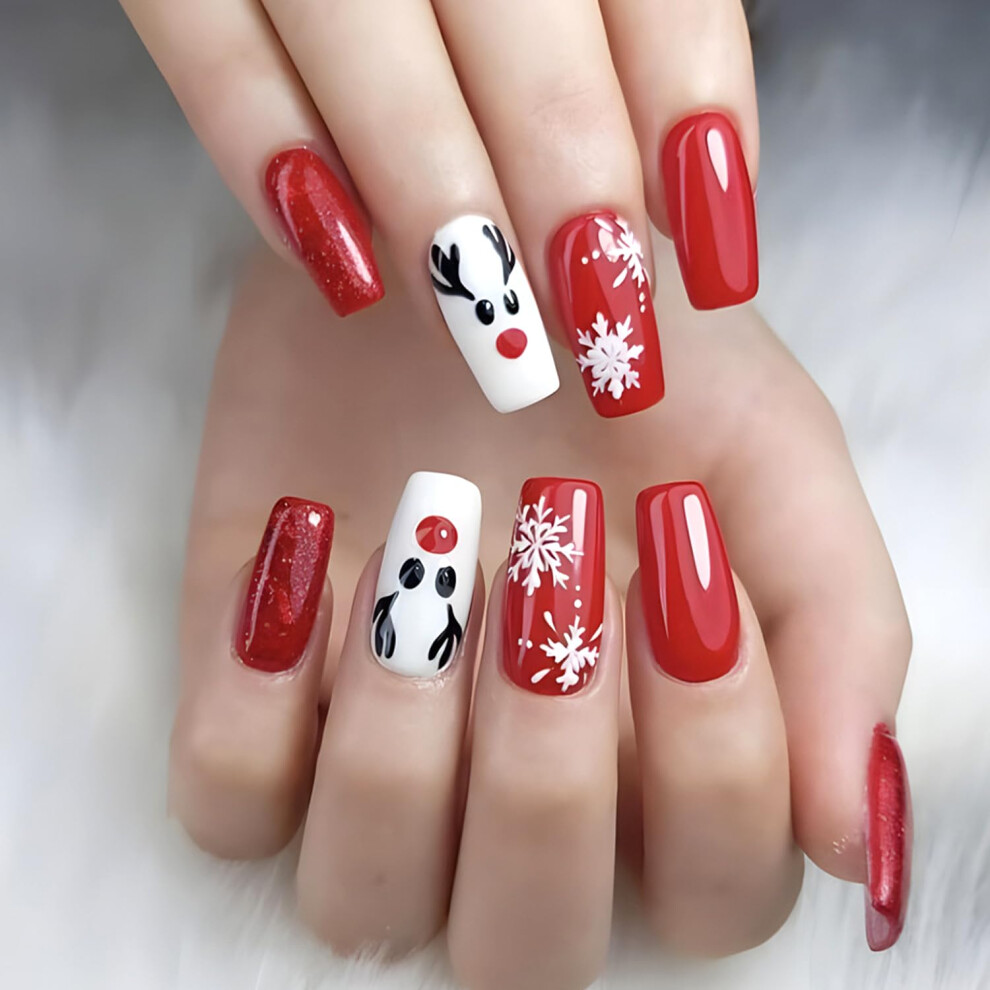 Christmas Press on Nails Set Red and White Elk Snowflake Medium Square False Nails 24 Pcs