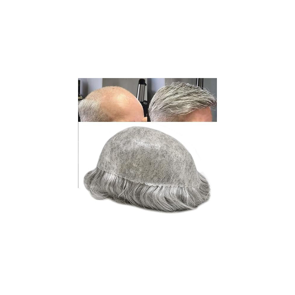 Unisex Black,Grey Mens Hair Toupee Full Poly Skin Hairpiece With Invisible Hairline, Real Human Hair 8X10 Off Black 80% Grey