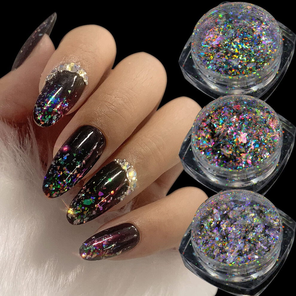 Nail Art Glitter Set with Holographic Nail Powder Flakes, Ultrathin Chameleon Galaxy Sparkle, 3 Boxes