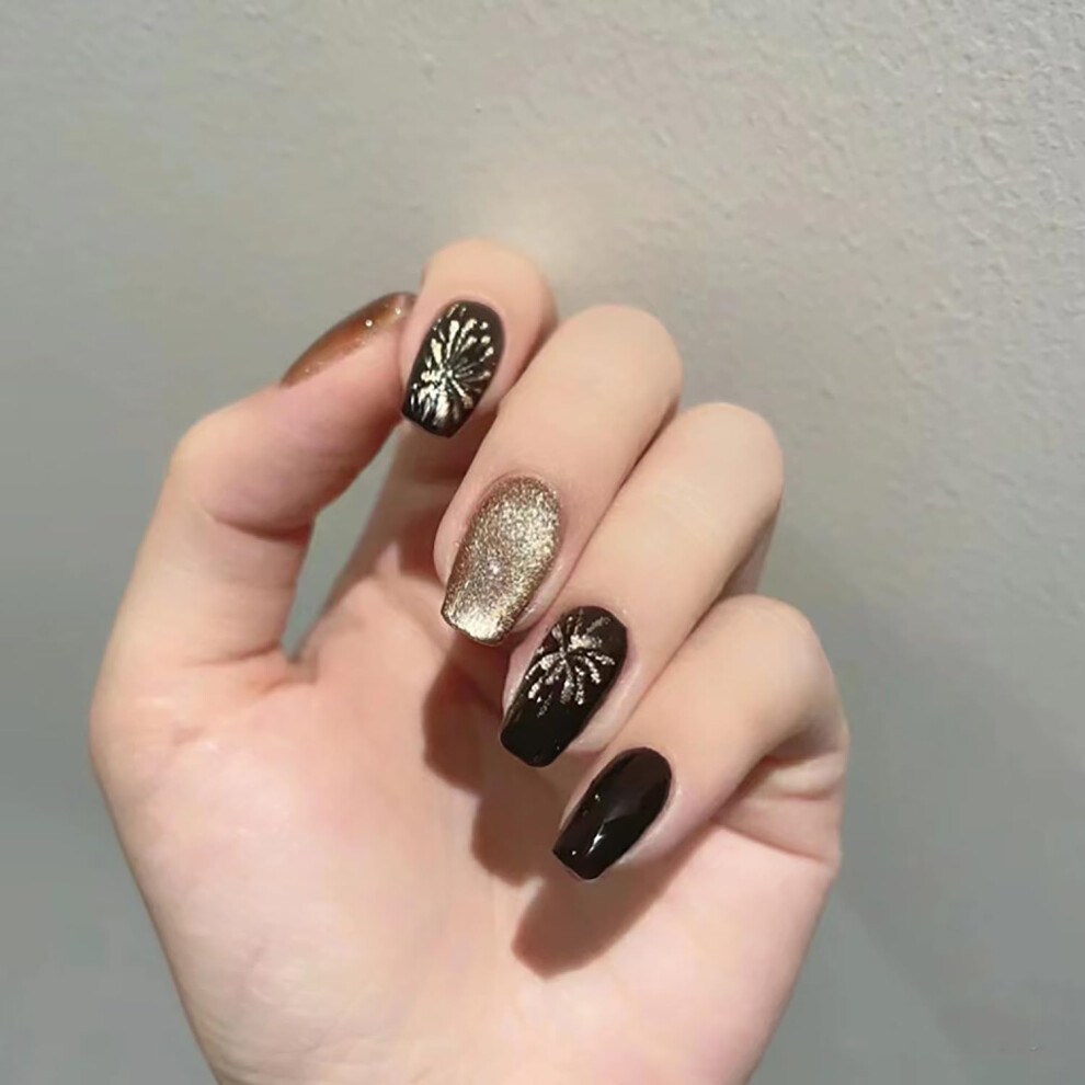 Black Cat Eye Coffin Press On Nails Glossy Reusable Medium Square Fake Nails With Glue 24Pcs