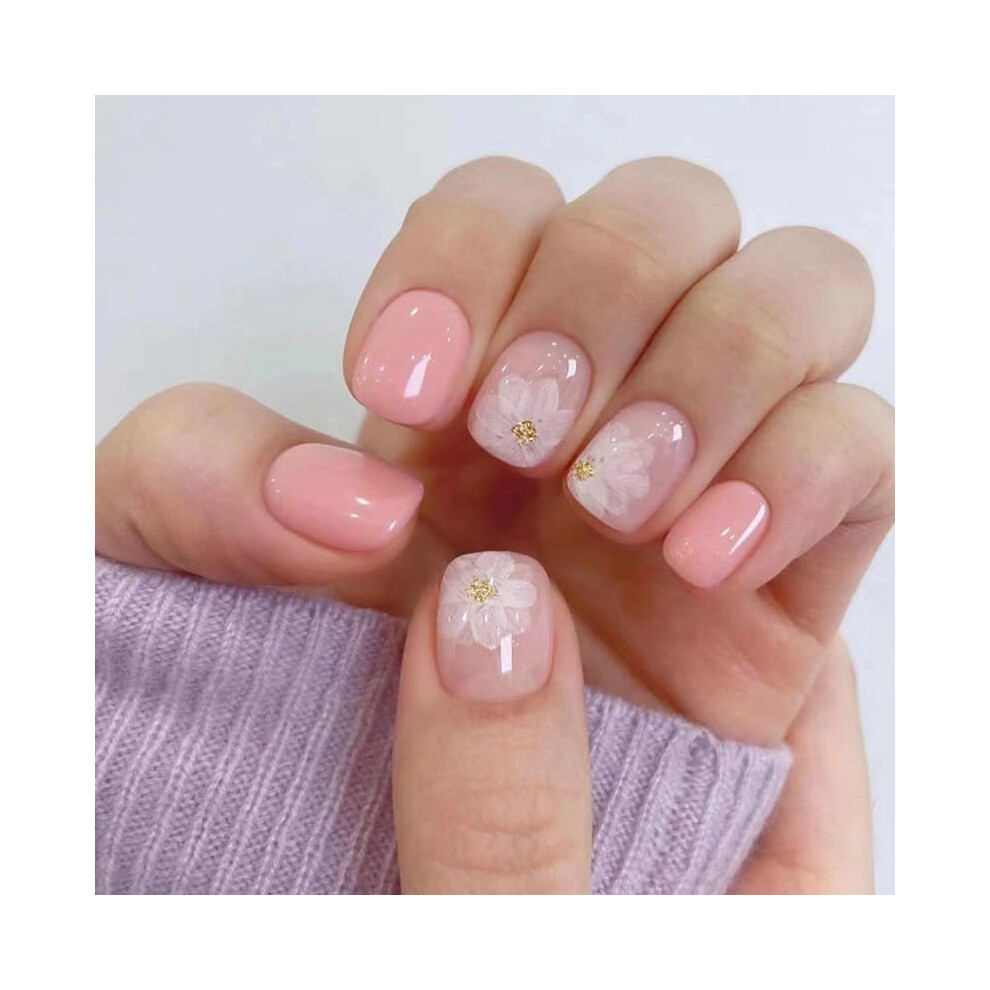 Pink Short Square Press On Nails Floral Fake Nails Glossy Acrylic Reusable Jelly Glue Manicure