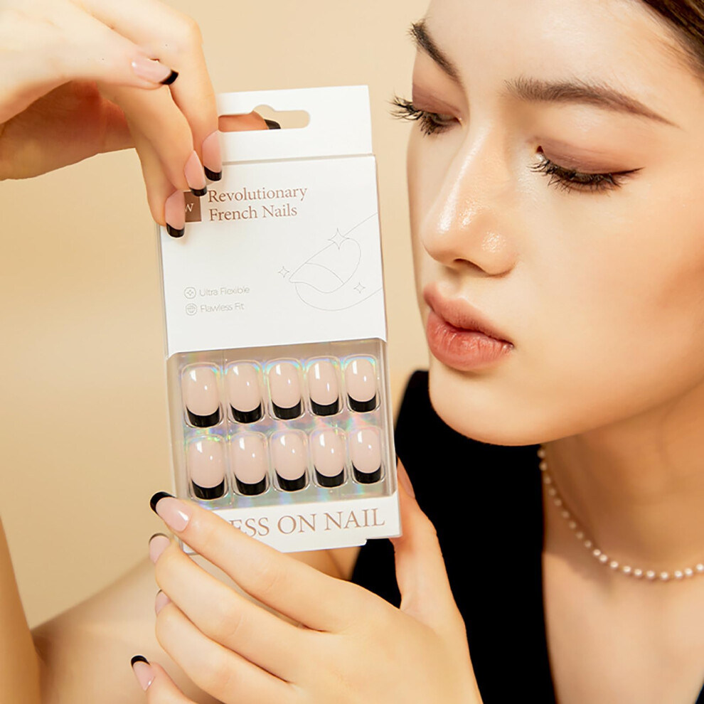 Black,Cream Press On Nails Set 30Pcs Medium Square French Tip Nude And Black Fake Nails Glossy Long Wear