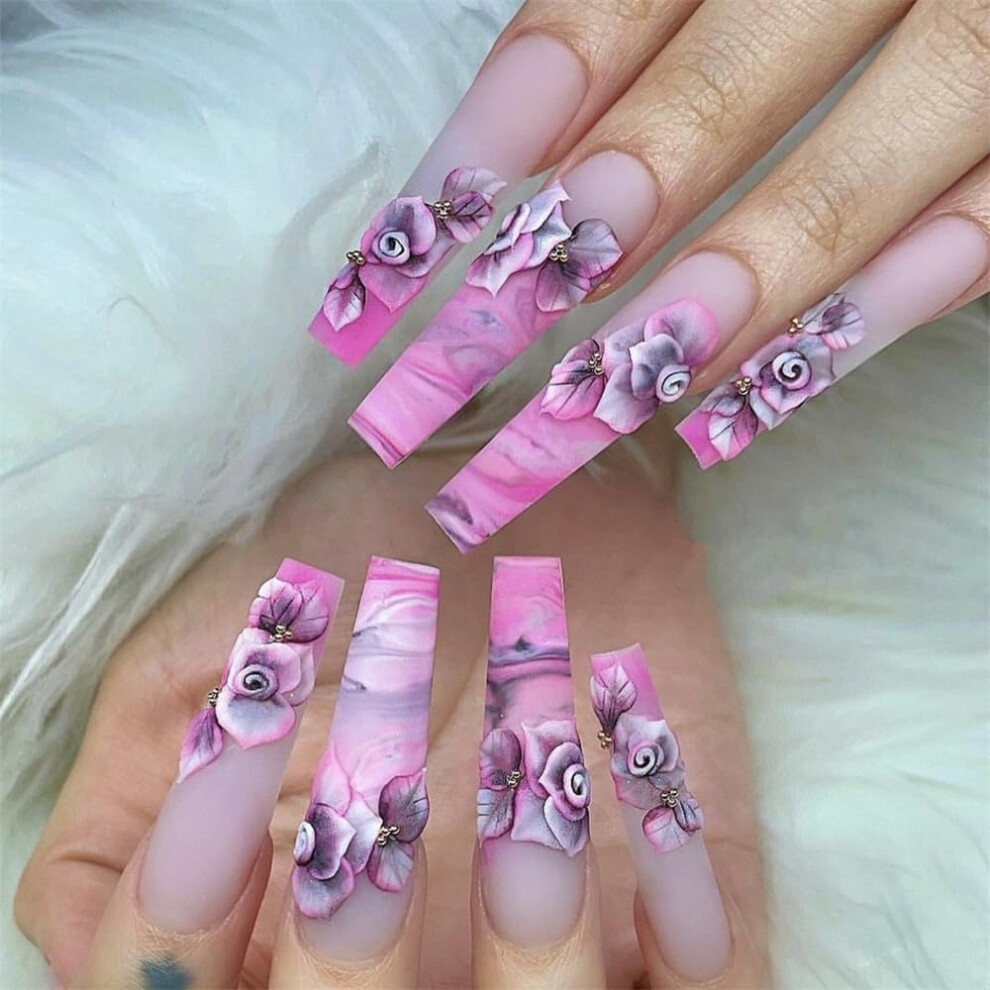 Purple Press On Nails 24Pcs Long Coffin Fake Nails For Women With Secure Glue Hold