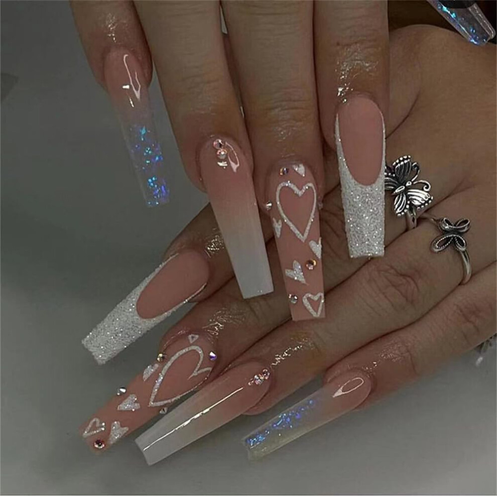 White Press On Nails Long Coffin Shape Reusable 24Pcs Heart Fake Nails For Women
