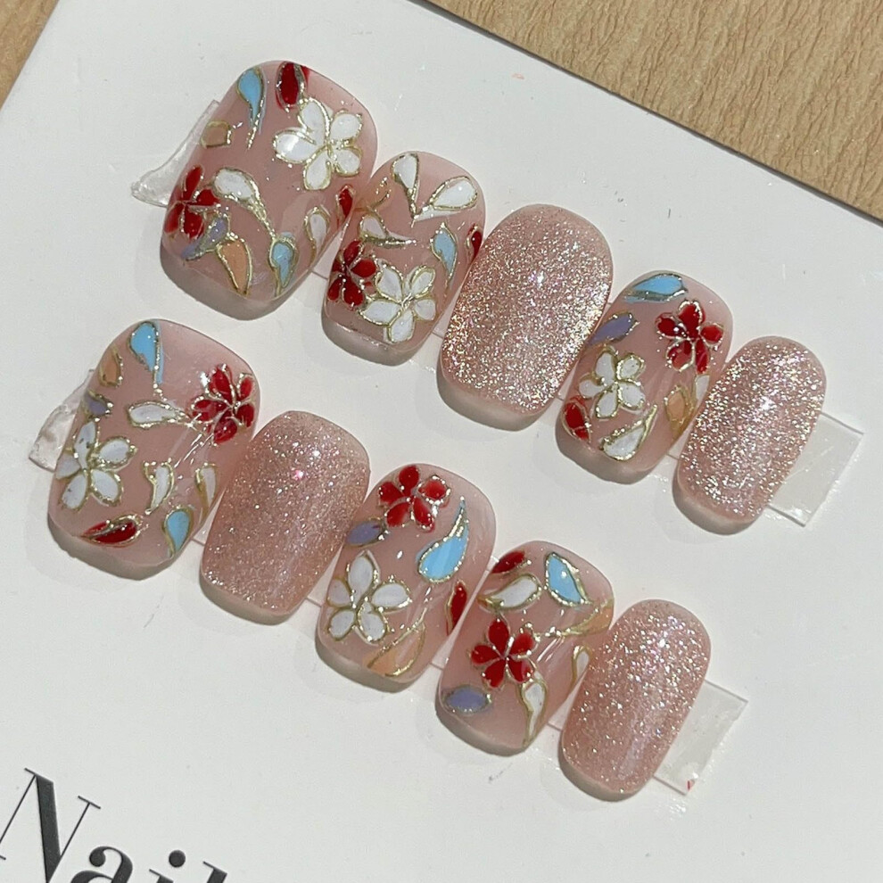 Handmade Gel Press on Nails Short Acrylic Fake Nails Glitter Glossy Salon Quality for Women M04
