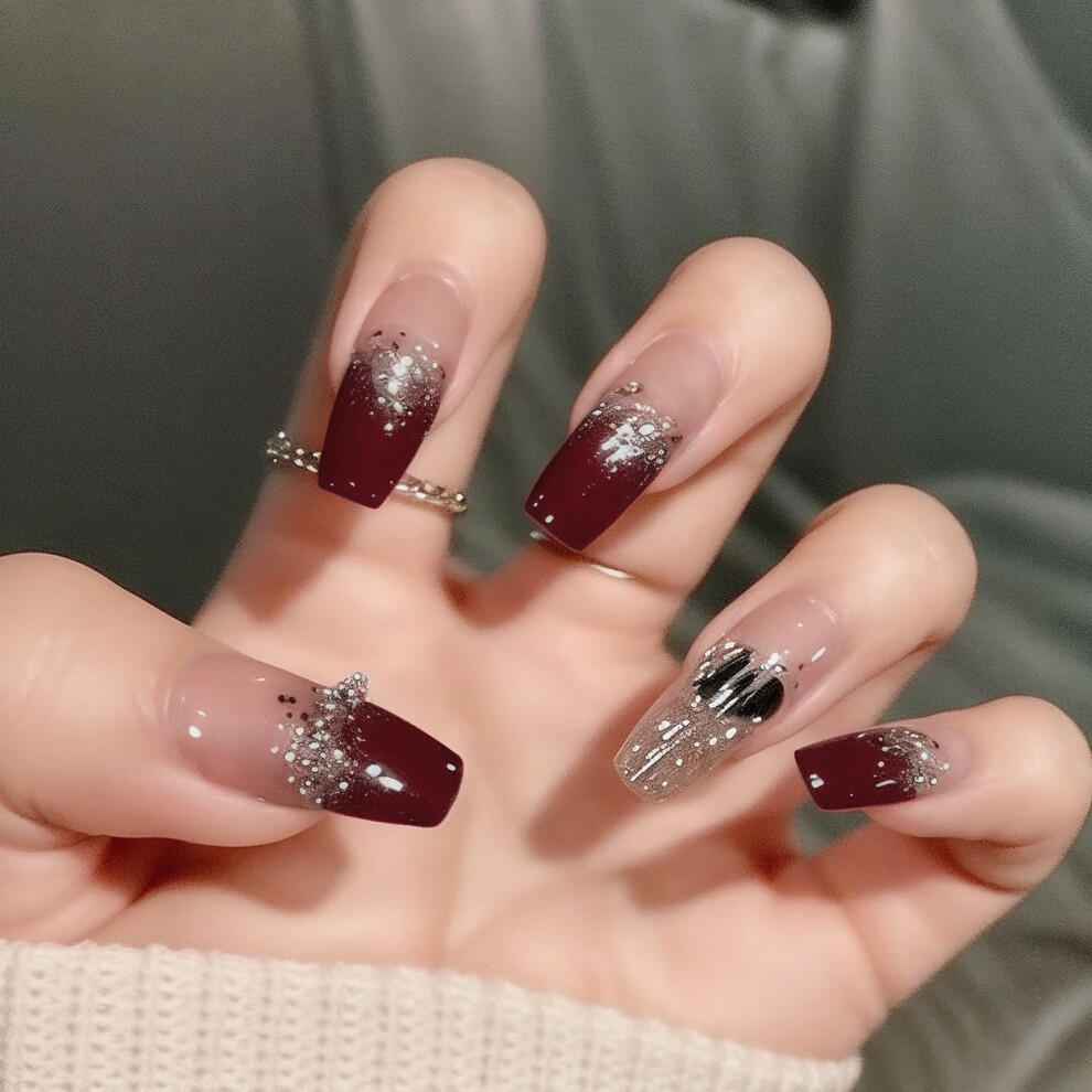 Long Coffin Press on Nails Set, Reusable Sparkling Cranberry Fake Nails Kit for Women, Salon Quality