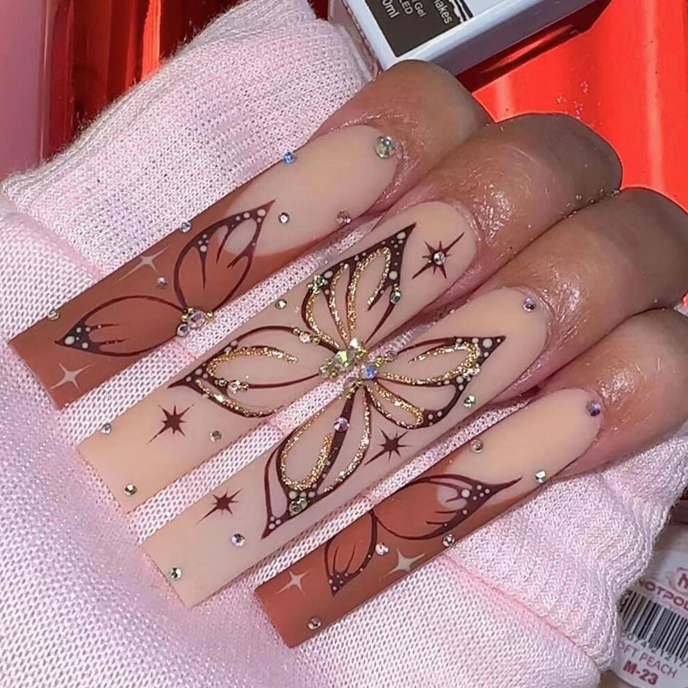 Press on Nails Long Square Red Brown French Tip Fake Nails with Rhinestone Butterfly Glitter 24pcs