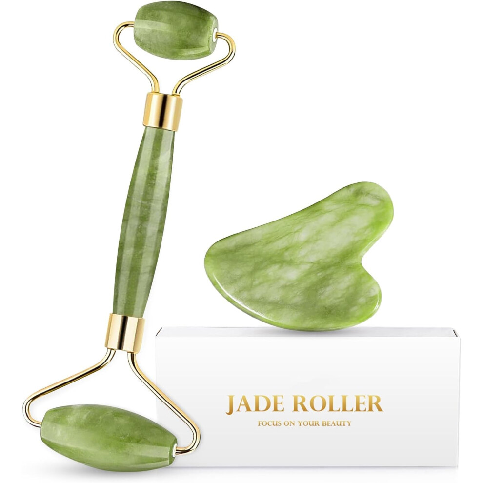 Green Jade Roller And Gua Sha Set For Skincare, Reduce Puffiness, Relax Muscles, Face Massage Tools