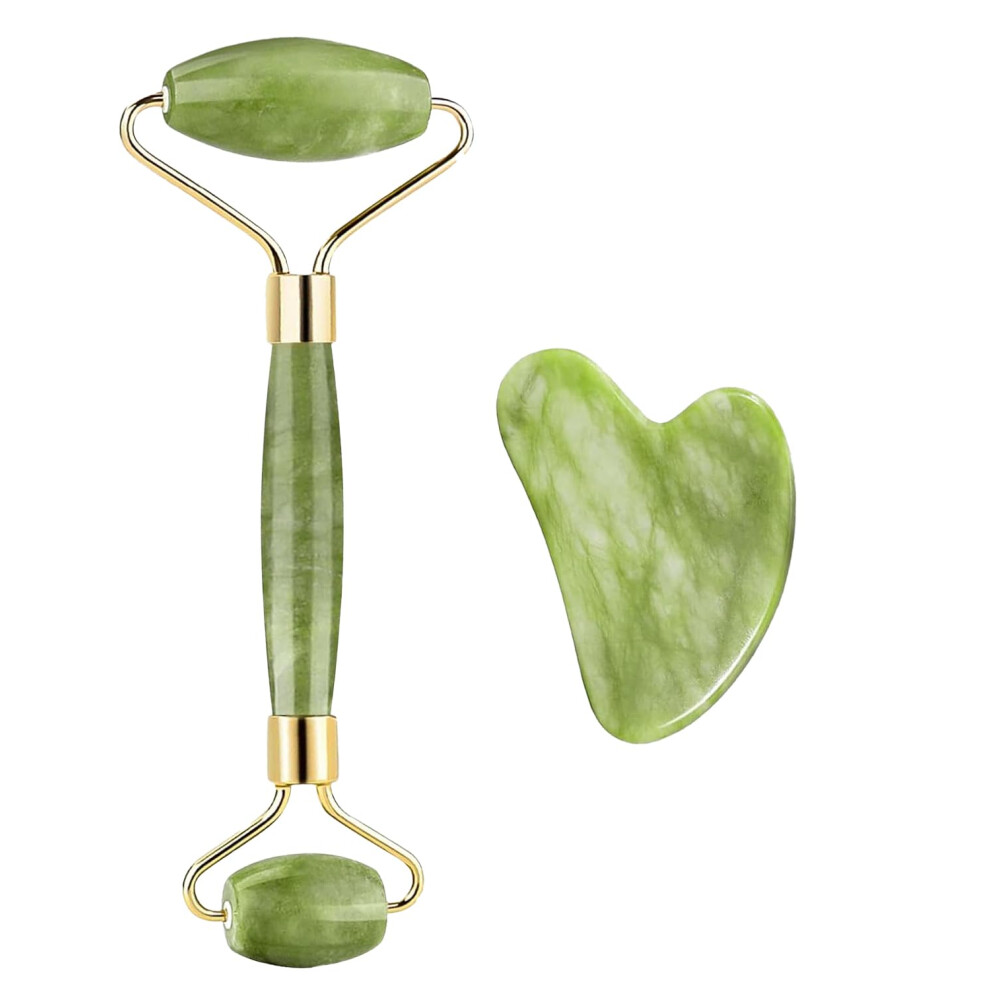 Jade Roller and Gua Sha Set for Face and Neck Massage, Reduce Puffiness and Improve Circulation