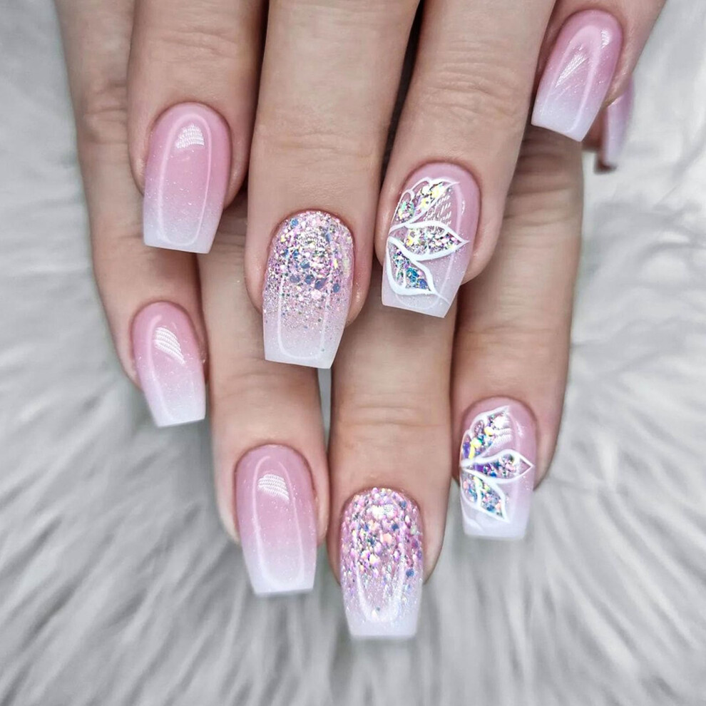 White Press On Nails Coffin Fake Nails Gradient Glossy Full Cover With Glue Kit 24Pcs Reusable