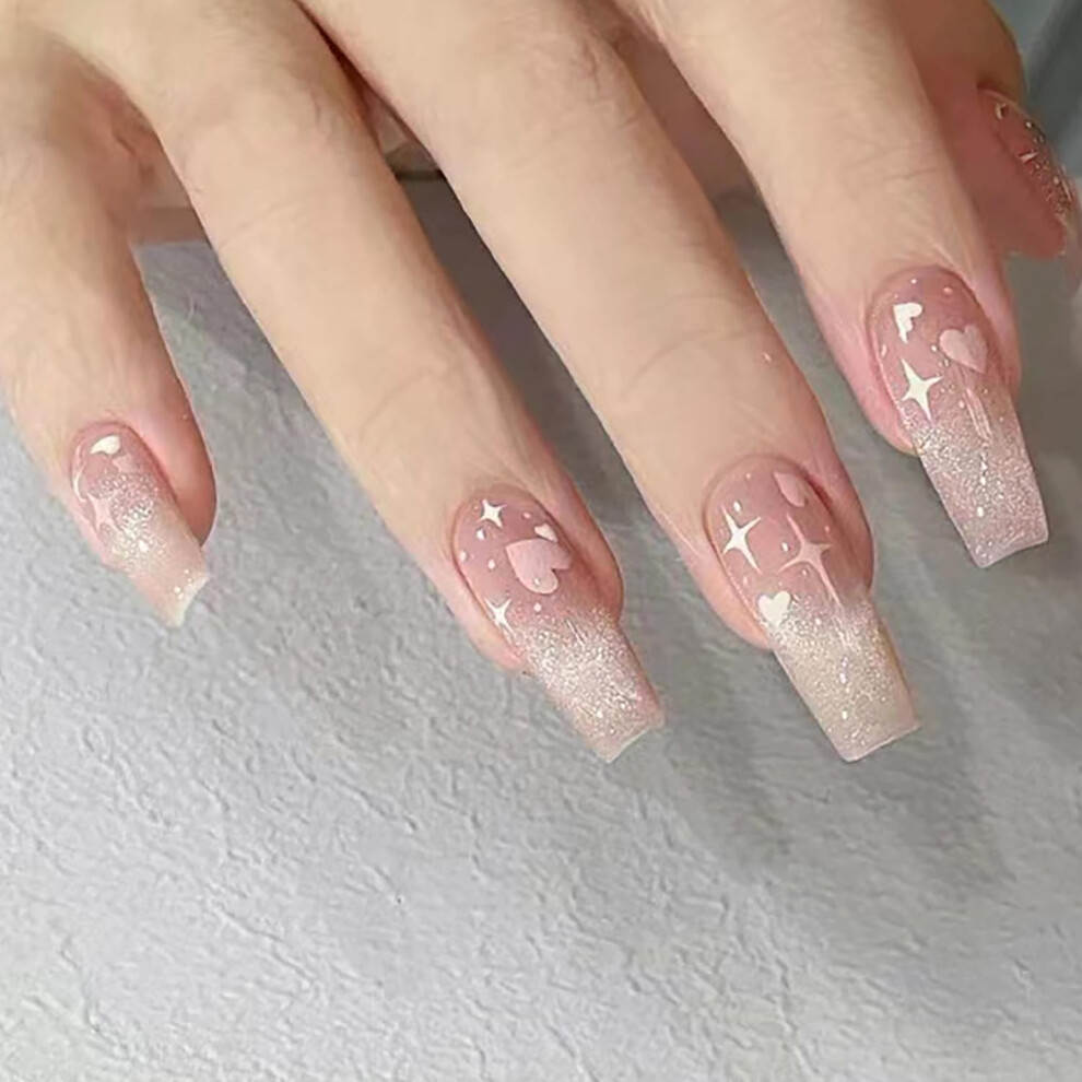 Pink 24Pcs Valentines Press On Nails Heart Glitter Square False Nails Medium Length Reusable Tips