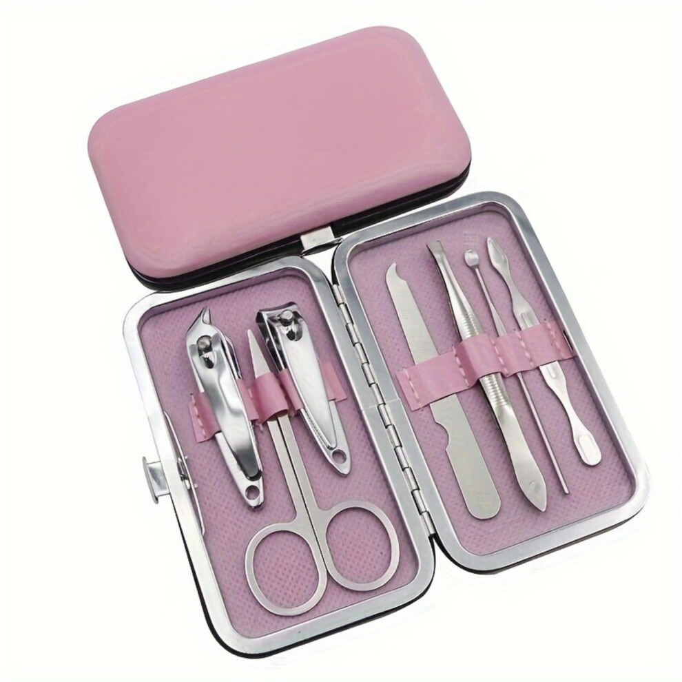 7 Piece Stainless Steel Manicure Set with Nail Clippers and Eyebrow Tools, Travel Grooming Kit Pink