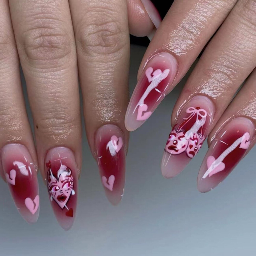 Valentine's Day Press On Nails Long Stiletto Fake Nails Pink Heart Gradient Acrylic Set 24pcs