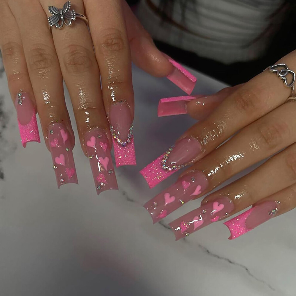 Pink Valentine Press On Nails Coffin Shape Glitter French Tip Heart Design With Rhinestones Manicure Kit