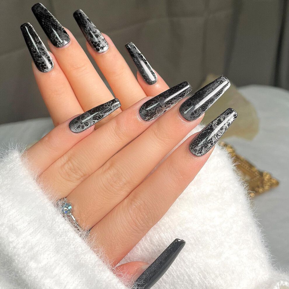 Handmade Press On Nails with Rhinestones Nude Pink Black Acrylic Long Almond Coffin Reusable Set