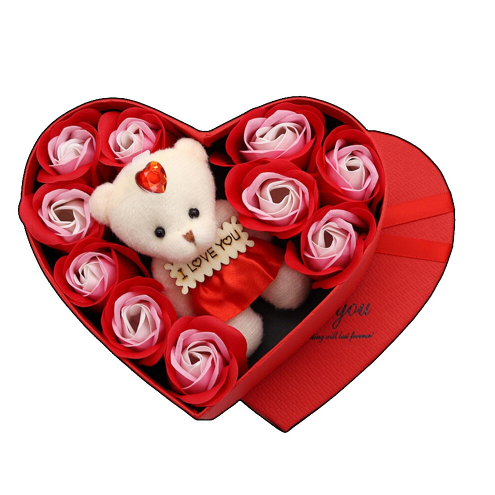 Red Rose Soap Flowers Gift Box with Cute Bear, Scented Bath Soap Roses Set for Valentine's Day