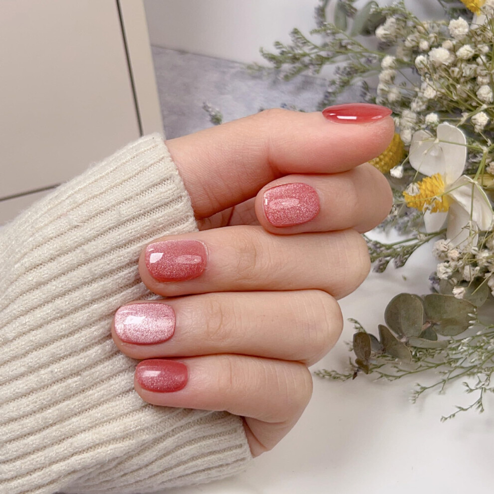Pink Cat Eye Press On Nails Short False Nail Set With Uv Coating Reusable 30Pcs Salon Gloss