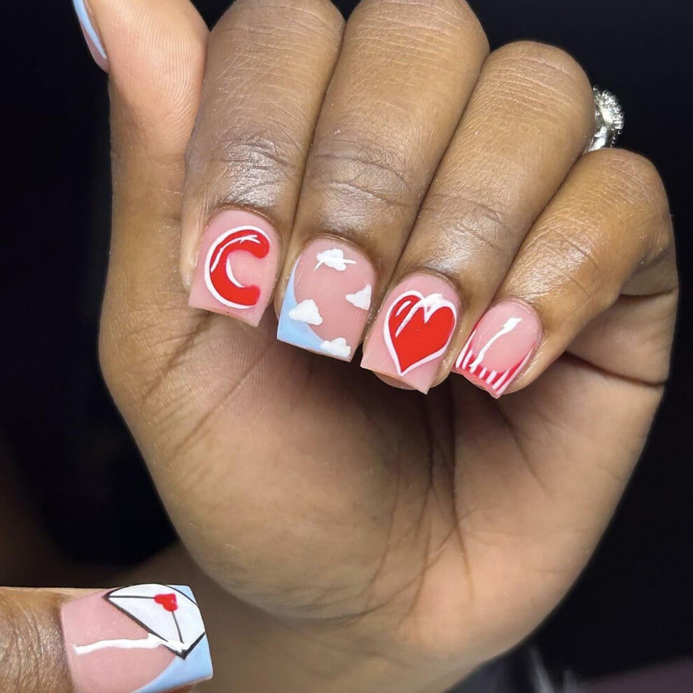 Valentine's Day Press On Nails Square Coffin Heart Design Acrylic False Nails Reusable 24Pcs