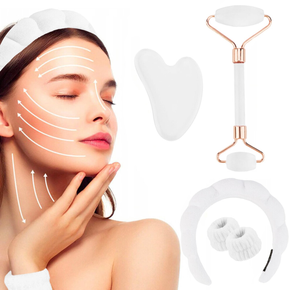 White Jade Roller And Gua Sha Set With Spa Headband Wristband For Puffiness Reduction And Facial Massage