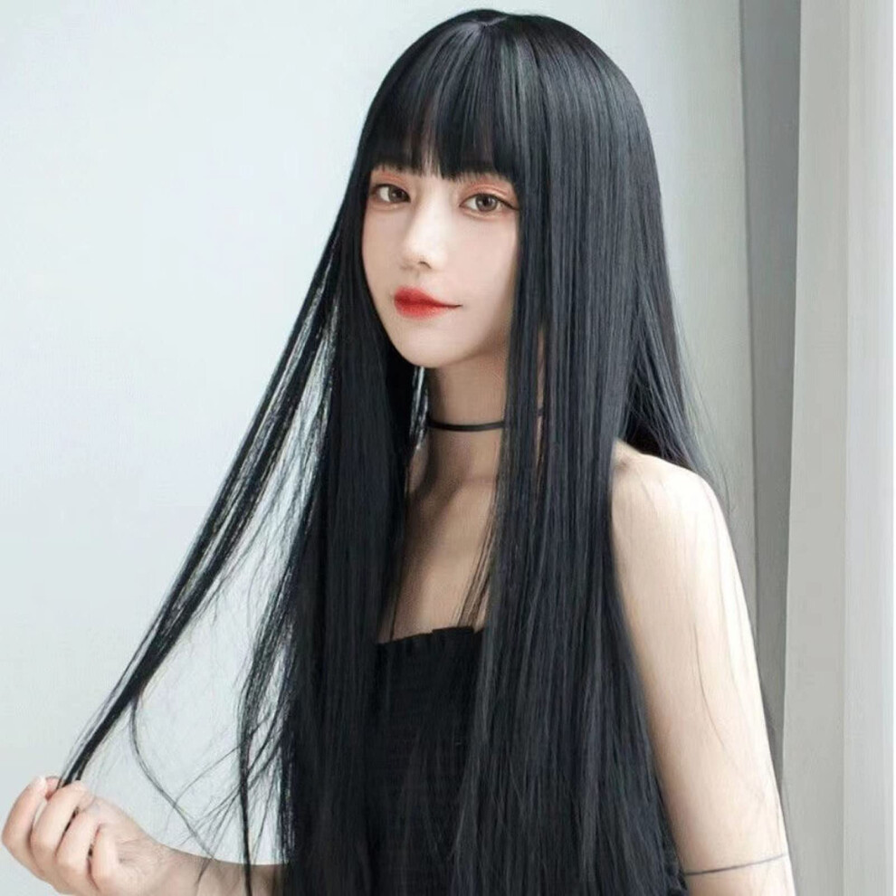 Unisex Black Straight Wig 65Cm Synthetic Heat Resistant Hair With Bangs For Women Natural Gloss Finish