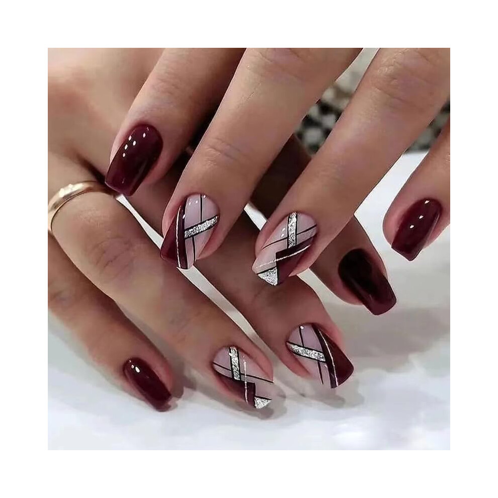 Red Wine Glitter Coffin Press On Nails Kit Reusable Acrylic Fake Nails With Glue 24Pcs