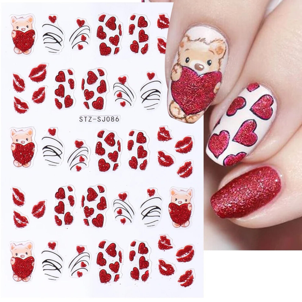Red Valentine's Day Nail Stickers 3D Selfadhesive Glitter Heart Art Decals For Acrylic Nails