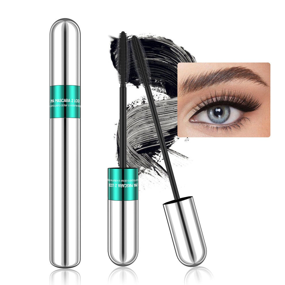 Waterproof 4D Fiber Mascara with Dual Brush for Long Lasting Curl, 5X Volume, Smudgeproof 0.28oz