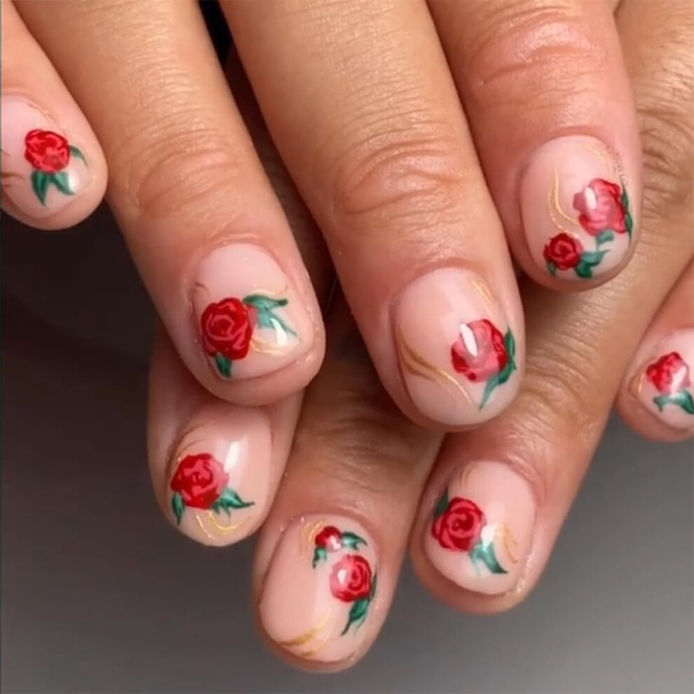 Valentines Press On Nails Short Pink Fake Nails with Red Roses, Reusable Salon Quality 24pcs