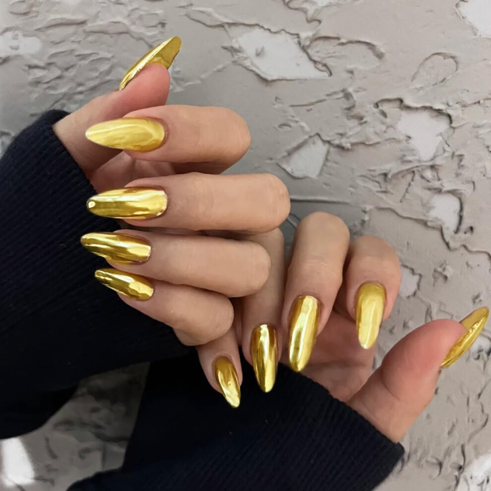 Golden Stiletto Almond Press On Nails Medium Chrome Fake Nails 24Pcs Reusable Acrylic Tips