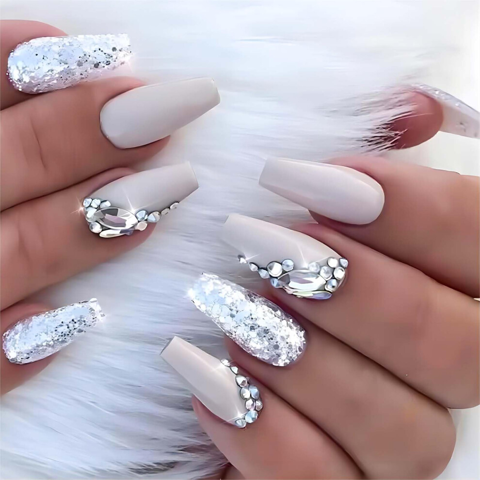 Silver Glossy French Style Press on Nails  Medium Coffin Fake Nails with Rhinestones, Reusable Kit
