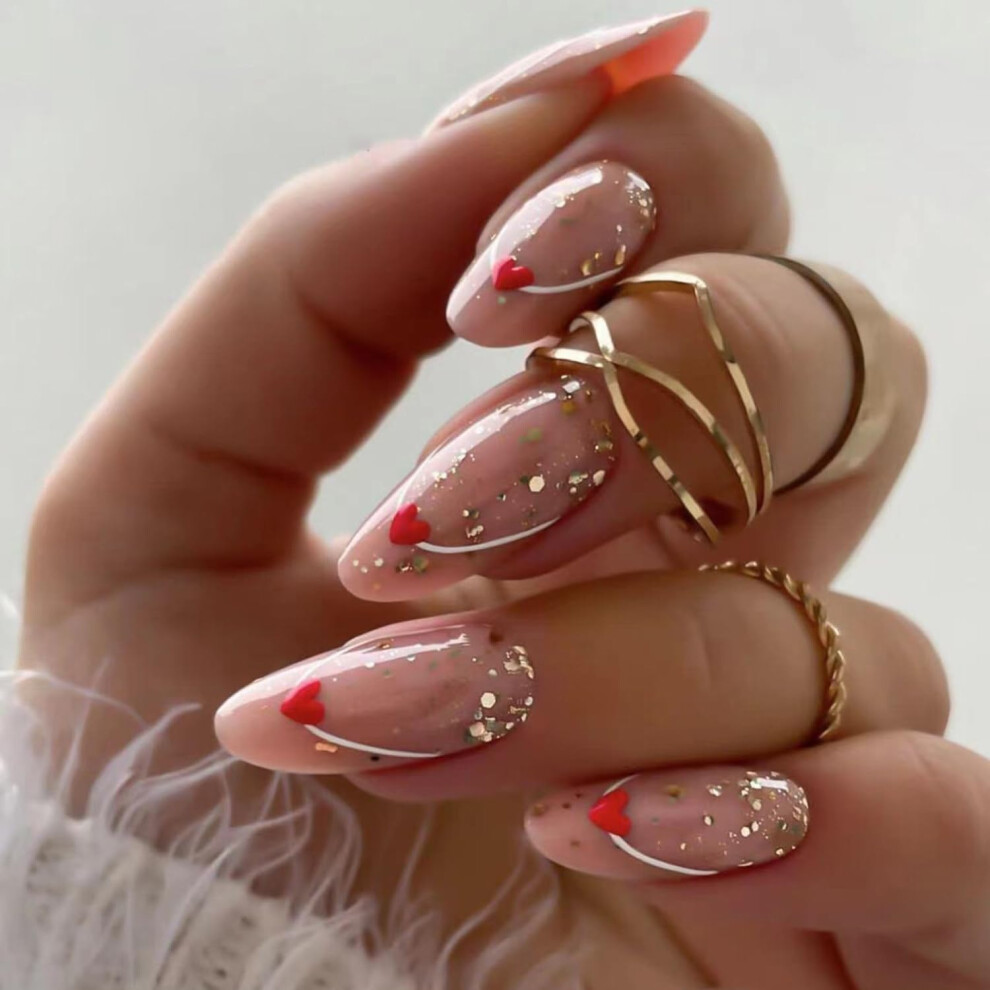 Glitter Valentines Press on Nails Almond Shape Fake Nails Kit with Glue and Heart Design, 24 Pcs