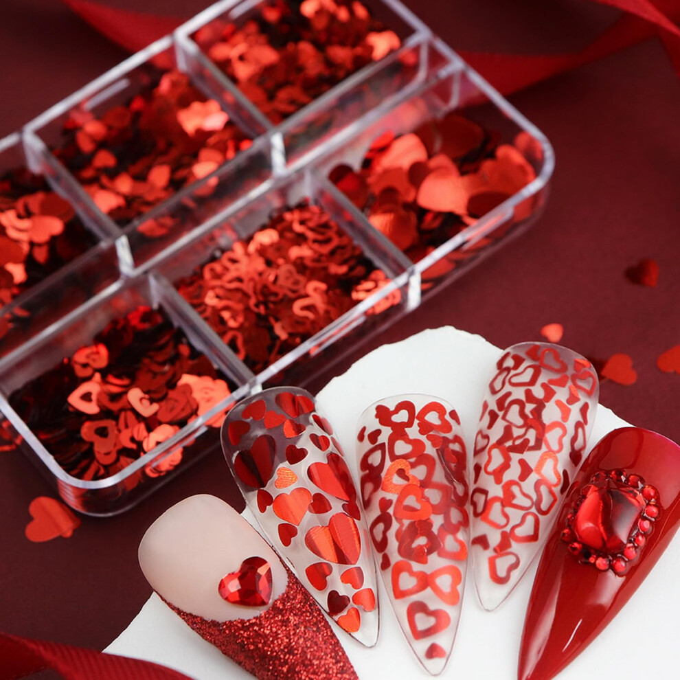 Red/Pink Valentines Day Nail Art With 3D Heart Nail Glitter, Holographic Hearts, 12Grid Set