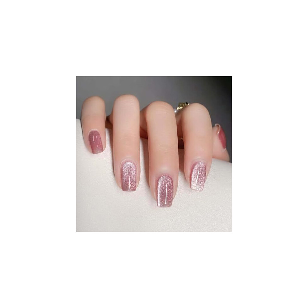 Press On Nails Short Pink Almond Acrylic Set with Adhesive Tabs, Reusable 24pcs Salon Style