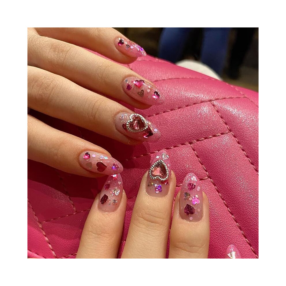 Pink Almond Press On Nails With Glitter And Rhinestones, Long Fake Nails For Valentine's Day