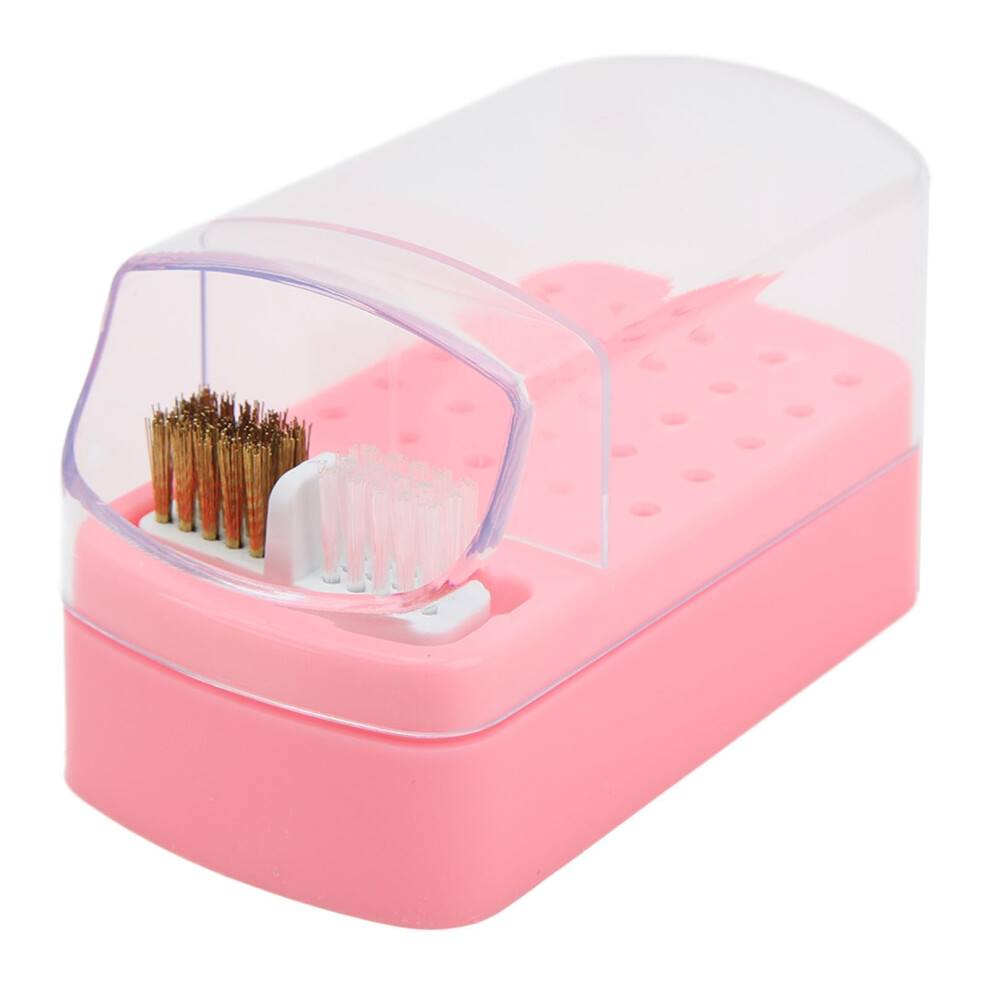 Pink 30 Holes Nail Drill Bit Holder With Dustproof Clear Lid And Cleaning Brush For Manicure Tools