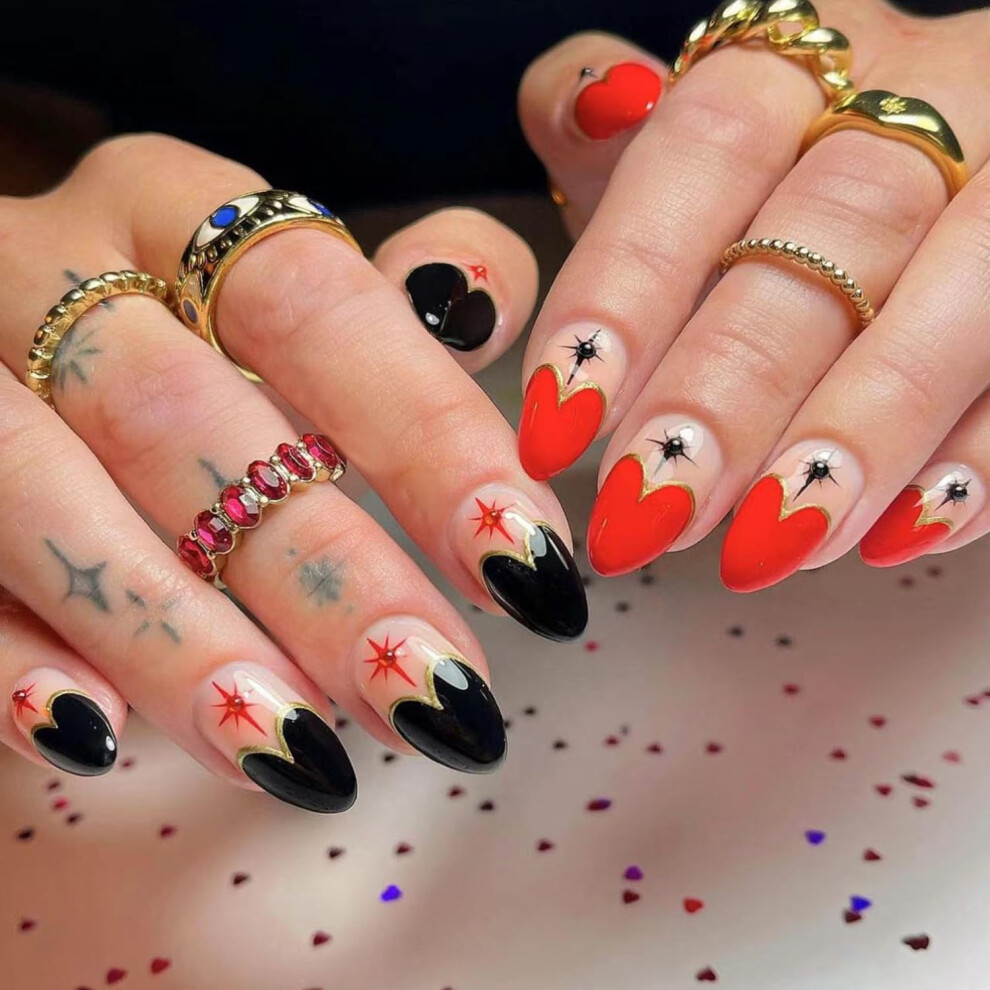 Valentines Day Press On Nails Set Glossy Almond Shape Fake Nails with Love Heart Design 24 Pcs
