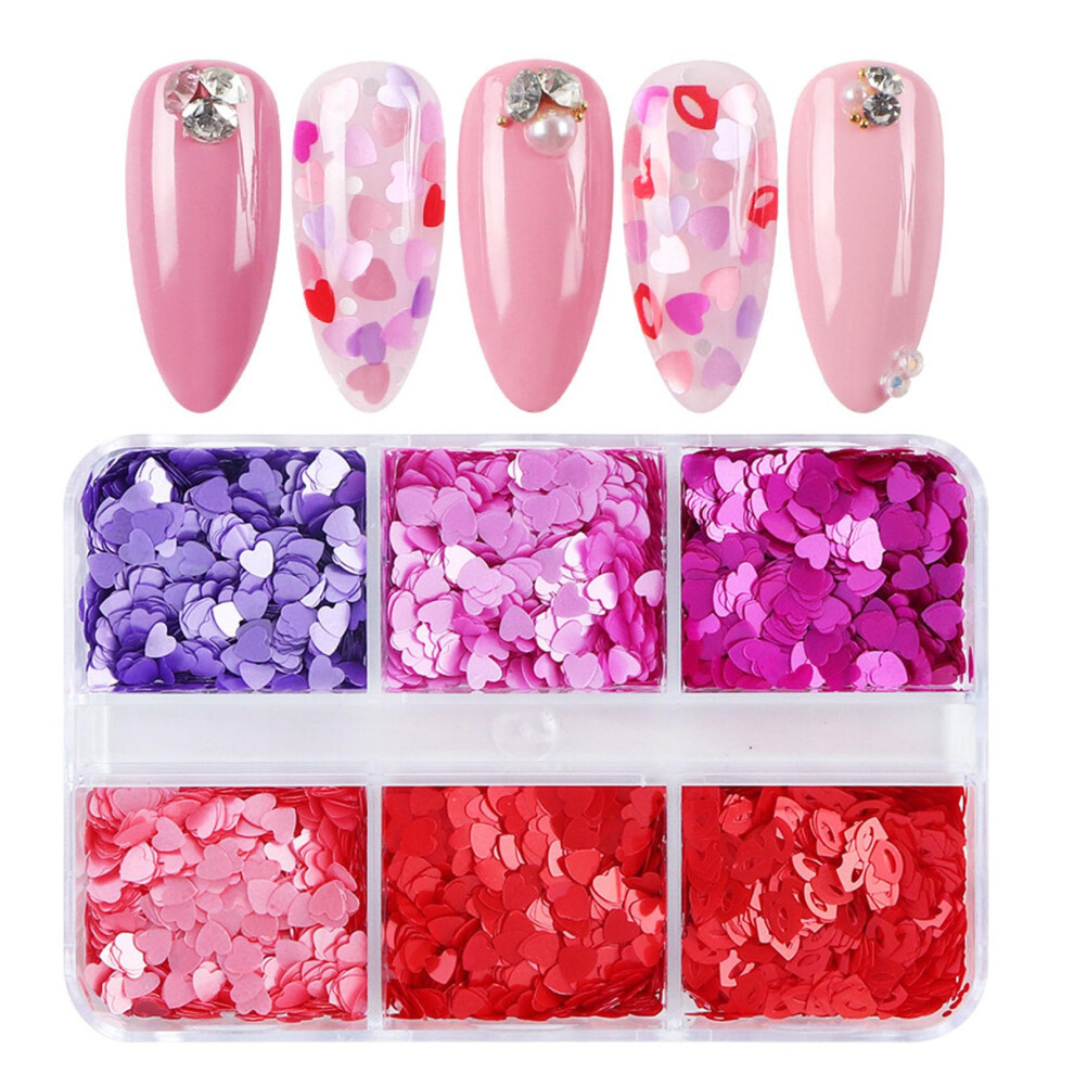 Nail Art Glitter with 3D Holographic Heart Sequins, 6Grid Iridescent Decoration for Valentine's Day