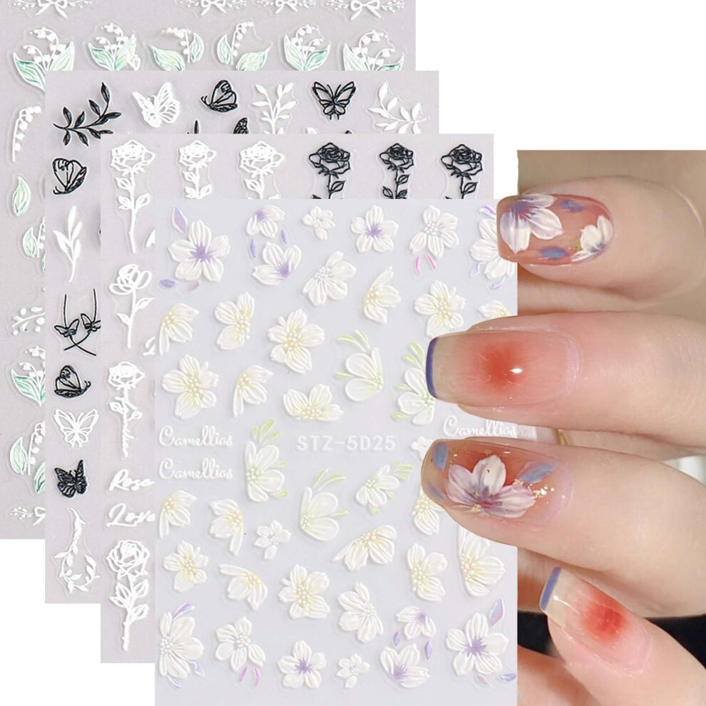 White 5D Flower Nail Art Stickers Embossed Selfadhesive Floral Nail Decals For Manicure