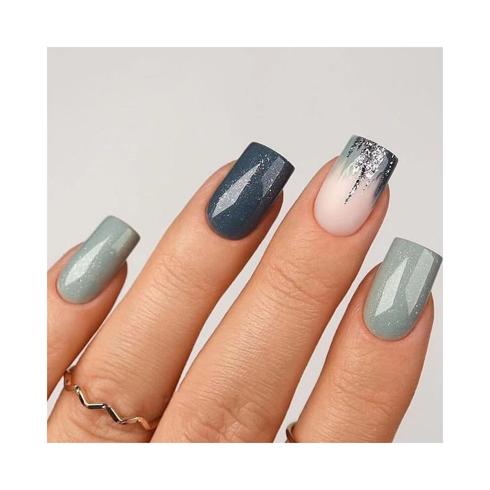 Press On Nails French Tip Coffin Shape, Reusable Glossy Gel Finish Fake Nails Kit with Glitter