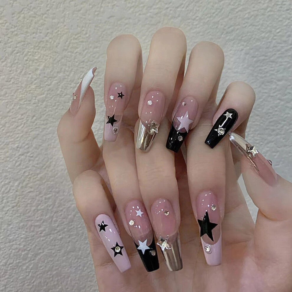 Long Coffin Press On Nails with Star Design and Rhinestones, ReadytoWear Acrylic False Nail Set, 24pcs