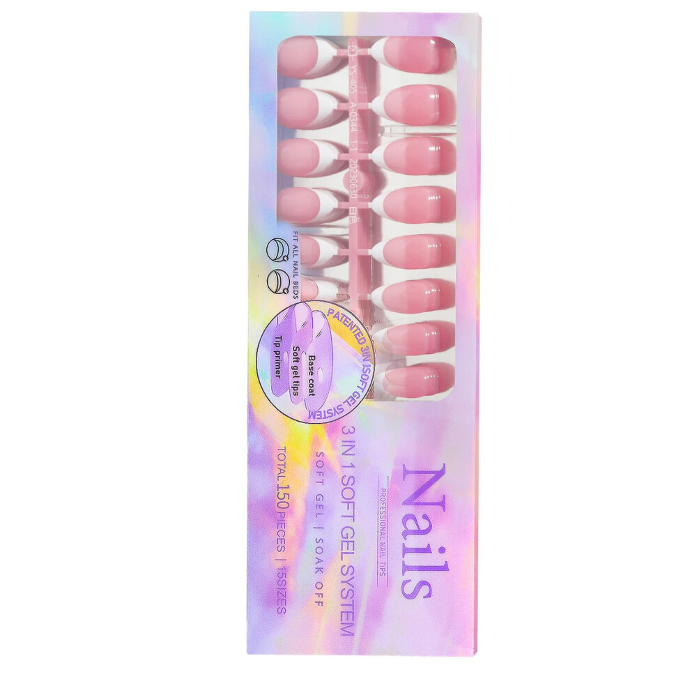 French Tip Press On Nails 3 in 1 Gel Nail Tips with Preapplied Primer, Reusable Soft Gel