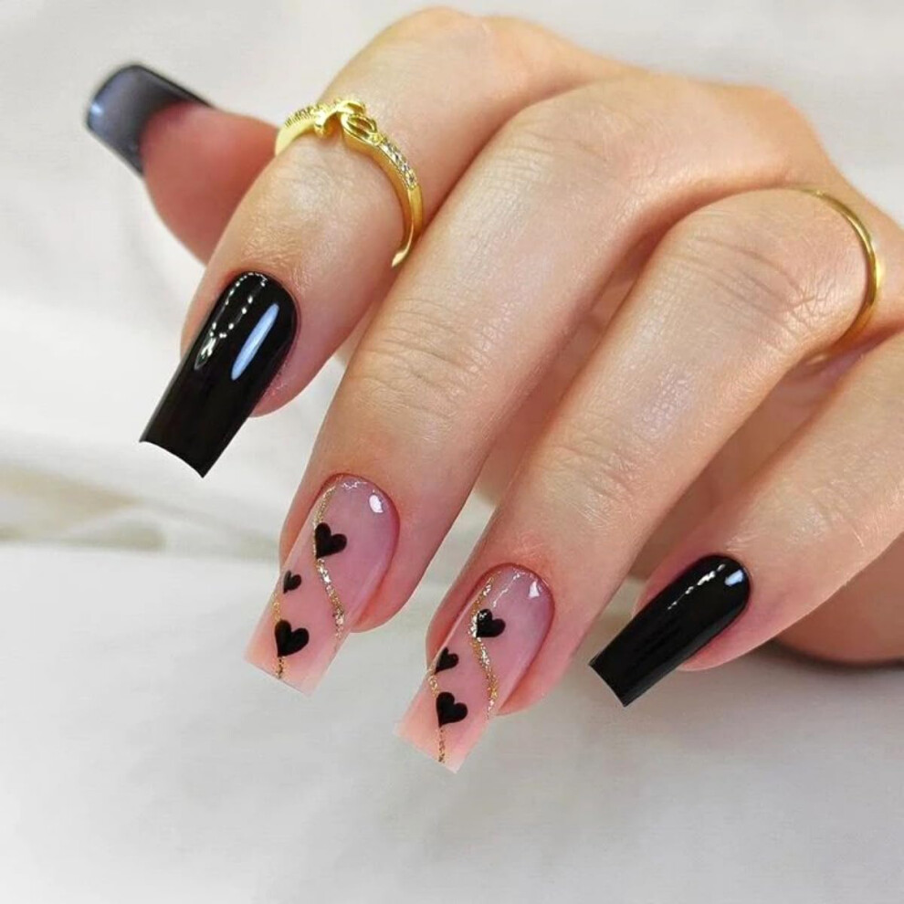 Valentine Press On Nails with Romantic Heart Designs, Reusable Coffin Shape, 24pcs Set