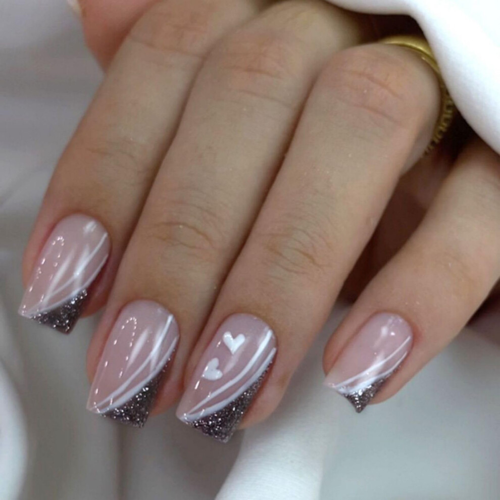 Valentine Glitter Press on Nails Medium Square Fake Nails Pink Swirl Design Full Cover Acrylic Set