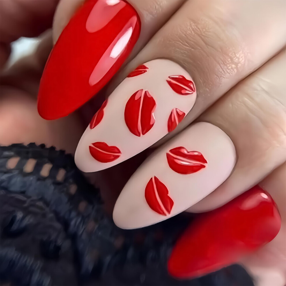 Valentines Day Red Oval Press On Nails with Glossy Acrylic Finish, 24pcs Medium Fake Nails