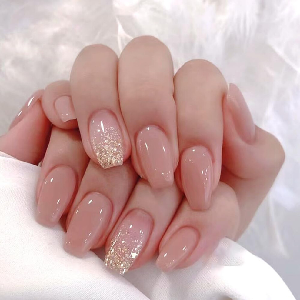 Pink Coffin Press On Nails With Glitter Bling, Short Medium Acrylic Fake Nails For Wedding 24Pcs